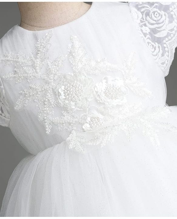 Babyhug Mesh Woven Frill Sleeves Solid Colour Floral Sequinned & Embroidered Frock -White