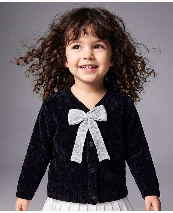 Babyhug Knit Full Sleeves Solid Front Open Sweaters With Bow Applique - Black