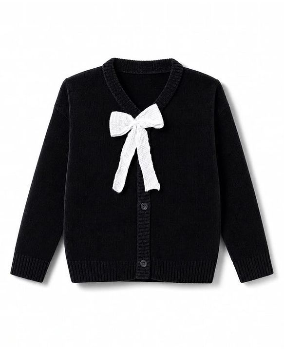 Babyhug Knit Full Sleeves Solid Front Open Sweaters With Bow Applique - Black