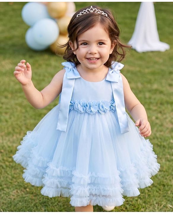 Babyhug Mesh Woven Sleeveless Party Dress with Floral Corsage Bow Applique & Ruffles - Light Blue