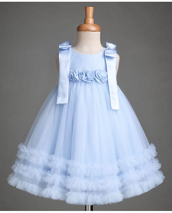Babyhug Mesh Woven Sleeveless Party Dress with Floral Corsage Bow Applique & Ruffles - Light Blue