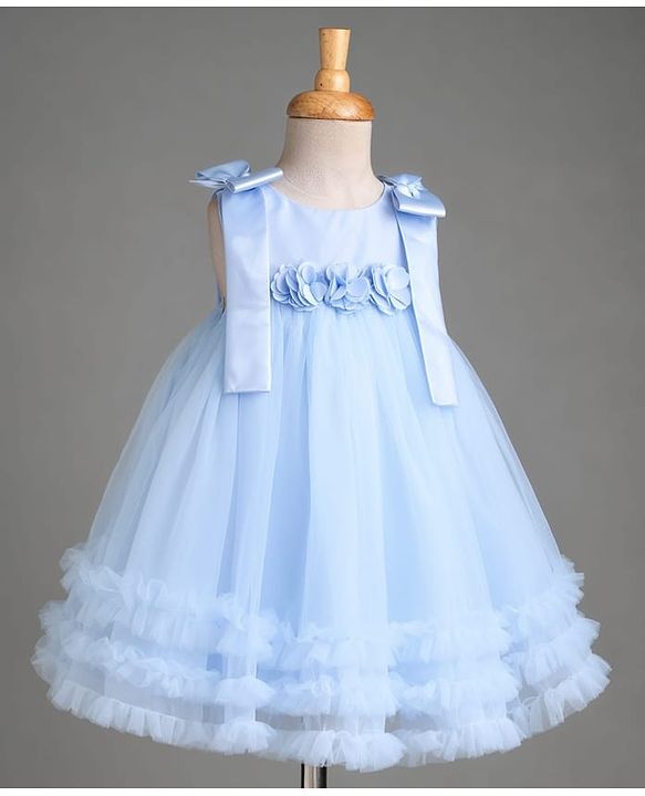 Babyhug Mesh Woven Sleeveless Party Dress with Floral Corsage Bow Applique & Ruffles - Light Blue