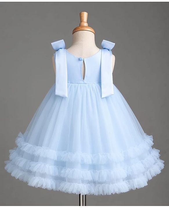 Babyhug Mesh Woven Sleeveless Party Dress with Floral Corsage Bow Applique & Ruffles - Light Blue