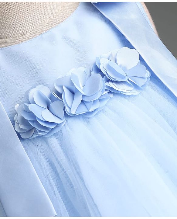 Babyhug Mesh Woven Sleeveless Party Dress with Floral Corsage Bow Applique & Ruffles - Light Blue