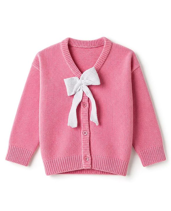 Babyhug Knit Full Sleeves Solid Front Open Sweaters With Bow Applique - Pink