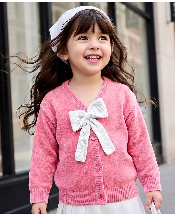 Babyhug Knit Full Sleeves Solid Front Open Sweaters With Bow Applique - Pink