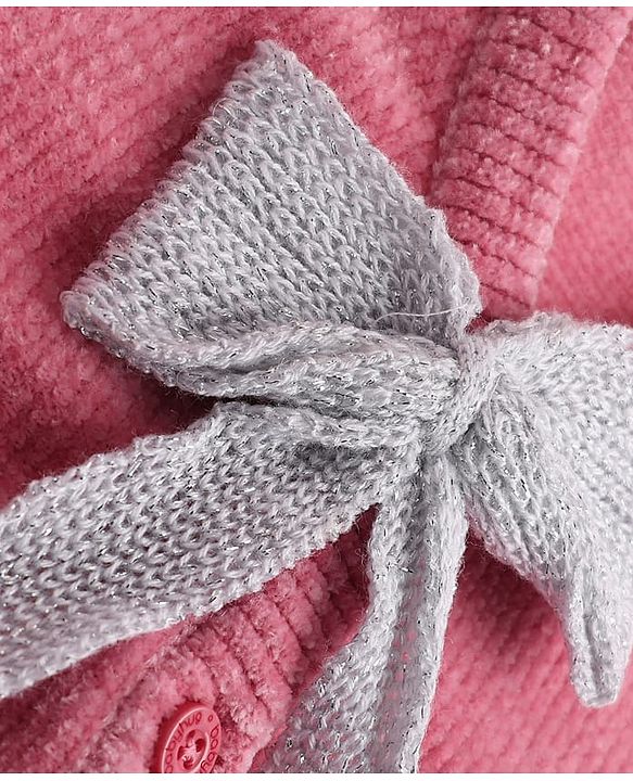 Babyhug Knit Full Sleeves Solid Front Open Sweaters With Bow Applique - Pink