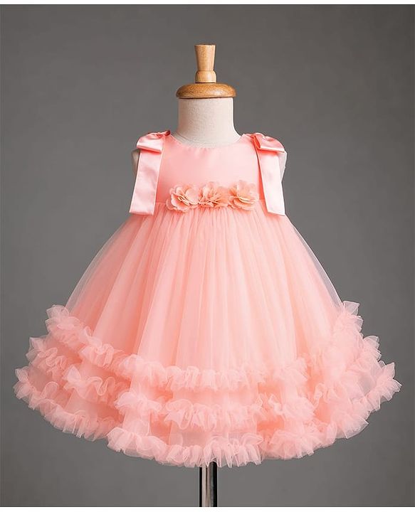 Babyhug Mesh Woven Sleeveless Party Dress with Floral Corsage Bow Applique & Ruffles - Peach