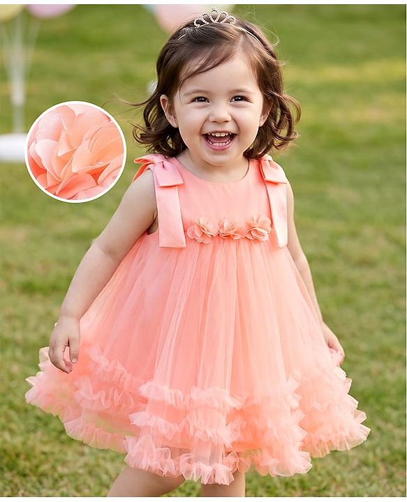 Babyhug Mesh Woven Sleeveless Party Dress with Floral Corsage Bow Applique & Ruffles - Peach