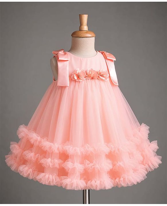 Babyhug Mesh Woven Sleeveless Party Dress with Floral Corsage Bow Applique & Ruffles - Peach
