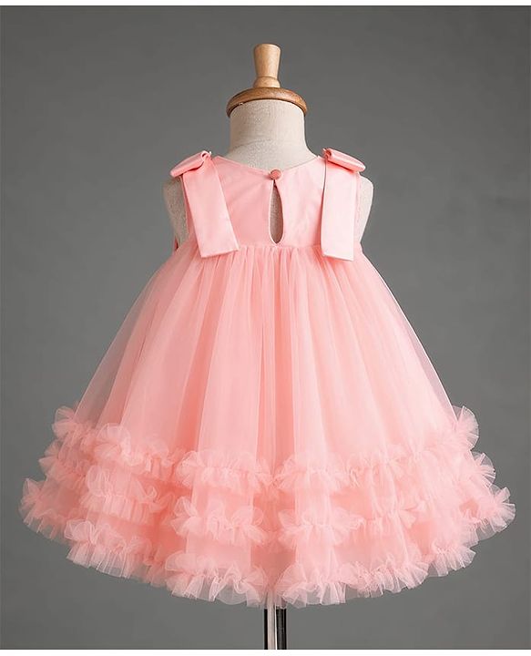 Babyhug Mesh Woven Sleeveless Party Dress with Floral Corsage Bow Applique & Ruffles - Peach