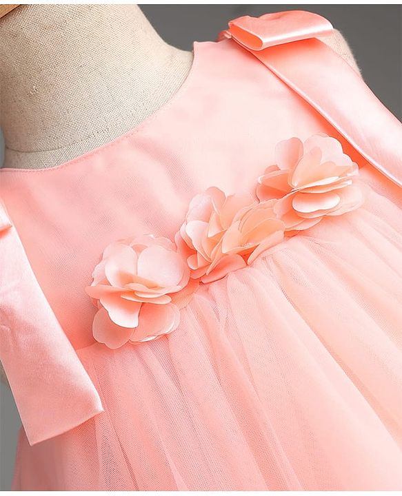 Babyhug Mesh Woven Sleeveless Party Dress with Floral Corsage Bow Applique & Ruffles - Peach