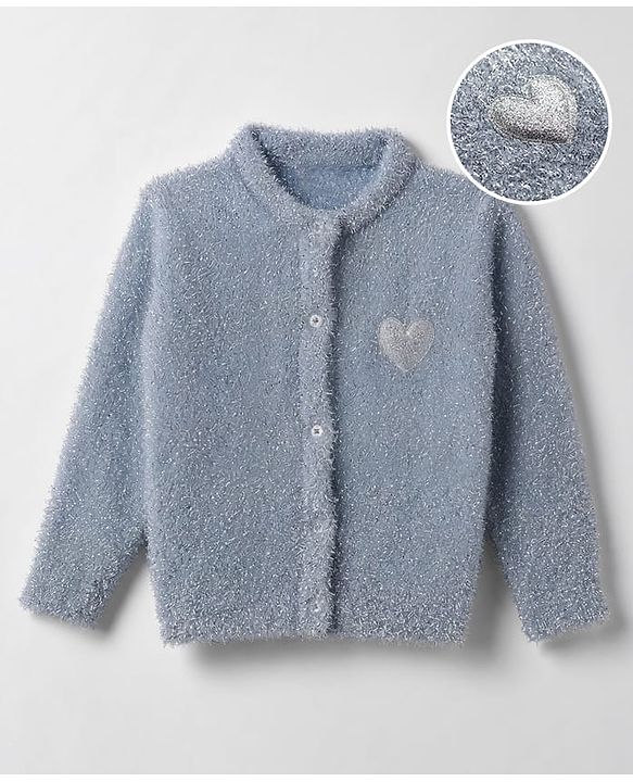 Babyhug Knit Full Sleeves Front Open Sweaters With Heart Patch - Light Blue
