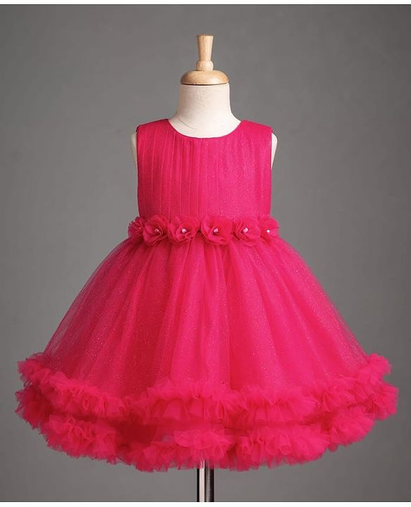 Babyhug Mesh Woven Sleeveless Party Dress With Floral Applique & Ruffles - Dark Pink