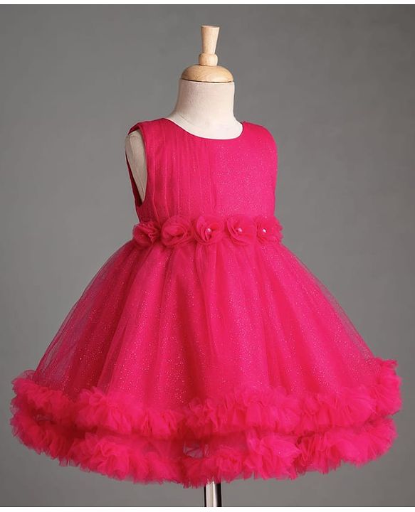 Babyhug Mesh Woven Sleeveless Party Dress With Floral Applique & Ruffles - Dark Pink