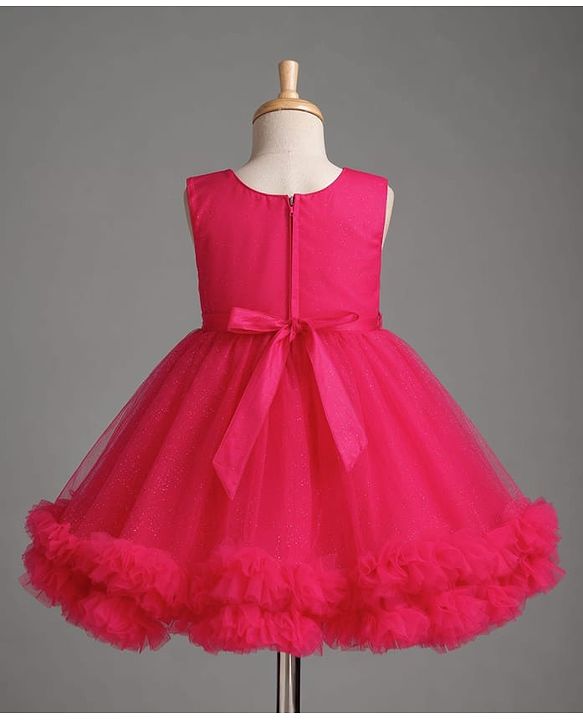 Babyhug Mesh Woven Sleeveless Party Dress With Floral Applique & Ruffles - Dark Pink