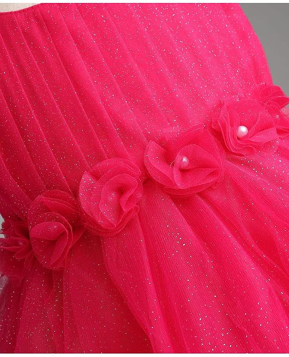Babyhug Mesh Woven Sleeveless Party Dress With Floral Applique & Ruffles - Dark Pink