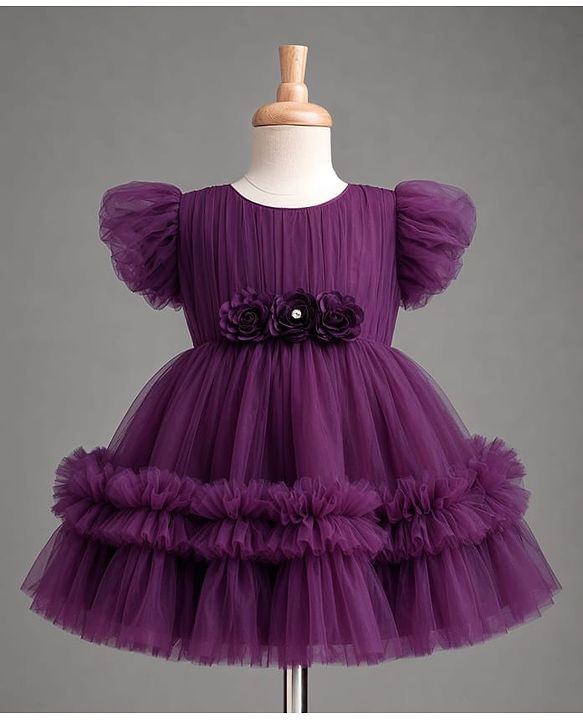 Babyhug Mesh Woven Sleeveless Party Dress With Floral Applique & Ruffles - Purple