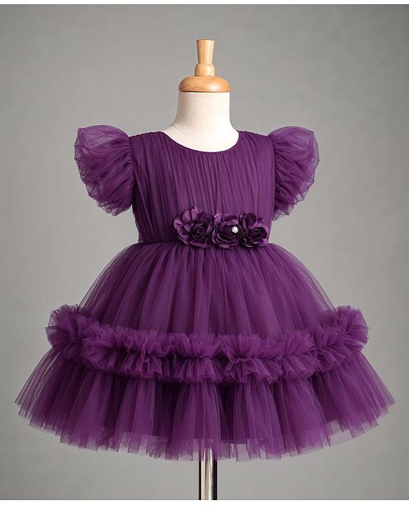 Babyhug Mesh Woven Sleeveless Party Dress With Floral Applique & Ruffles - Purple