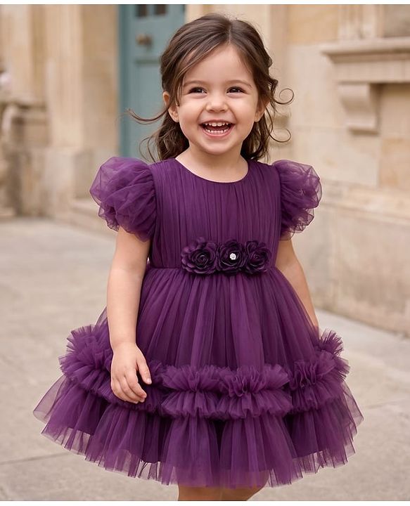 Babyhug Mesh Woven Sleeveless Party Dress With Floral Applique & Ruffles - Purple