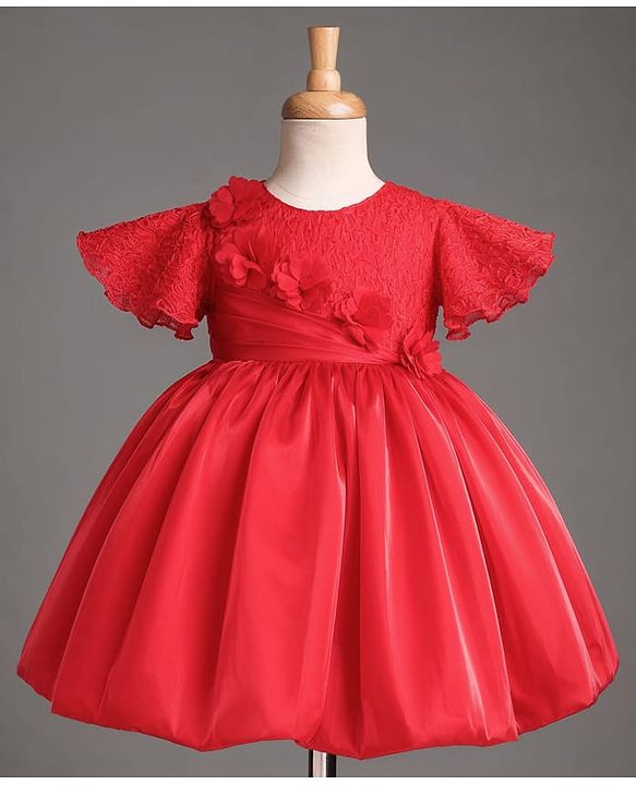 Babyhug Satin Woven Half Sleeves Textured Solid Colour Party Dress with Floral Corsage -Red