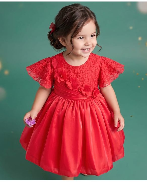 Babyhug Satin Woven Half Sleeves Textured Solid Colour Party Dress with Floral Corsage -Red