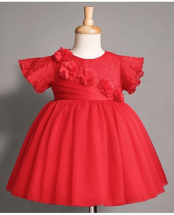 Babyhug Satin Woven Half Sleeves Textured Solid Colour Party Dress with Floral Corsage -Red