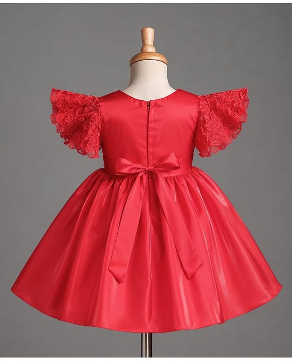 Babyhug Satin Woven Half Sleeves Textured Solid Colour Party Dress with Floral Corsage -Red