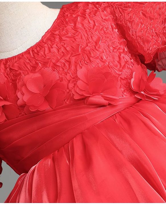 Babyhug Satin Woven Half Sleeves Textured Solid Colour Party Dress with Floral Corsage -Red