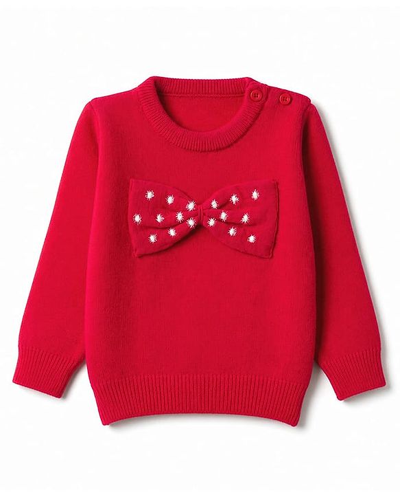 Babyhug Knit Full Sleeves Solid Pullovers With Bow Applique - Red