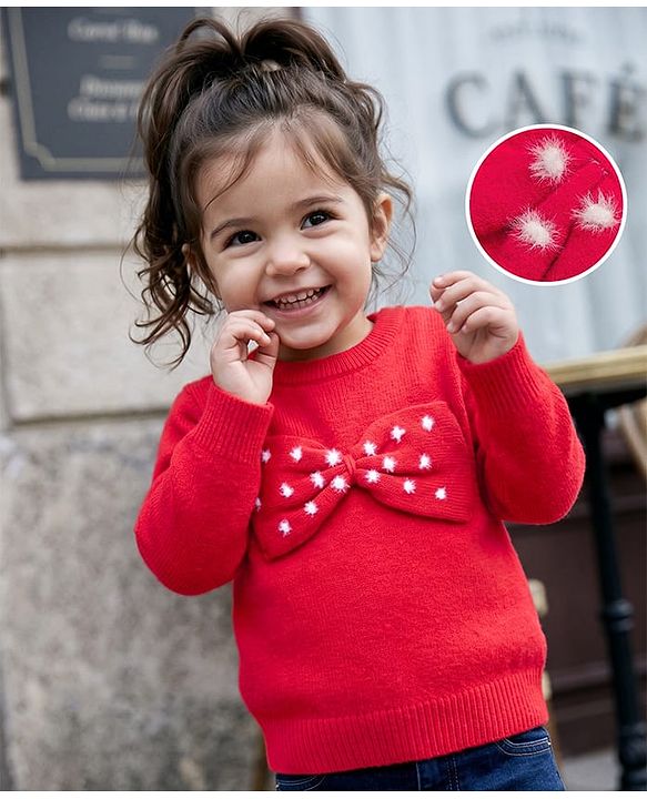 Babyhug Knit Full Sleeves Solid Pullovers With Bow Applique - Red