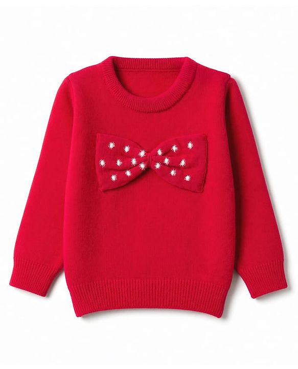 Babyhug Knit Full Sleeves Solid Pullovers With Bow Applique - Red