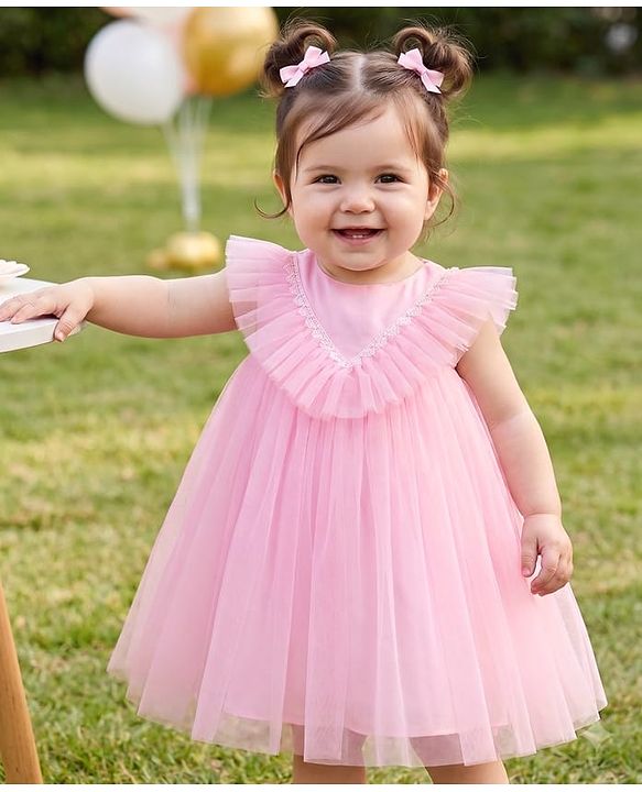 Babyhug Mesh Woven Sleeveless Party Dress With Frills & Lace Detailing - Pink