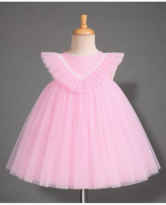 Babyhug Mesh Woven Sleeveless Party Dress With Frills & Lace Detailing - Pink
