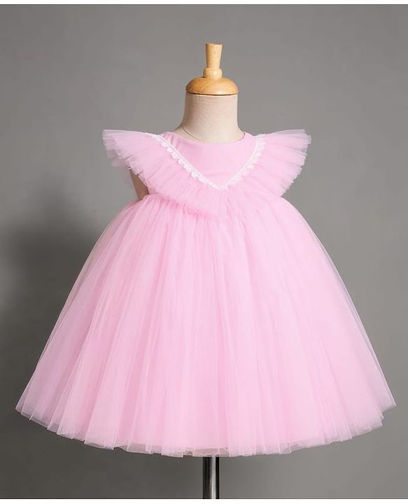 Babyhug Mesh Woven Sleeveless Party Dress With Frills & Lace Detailing - Pink