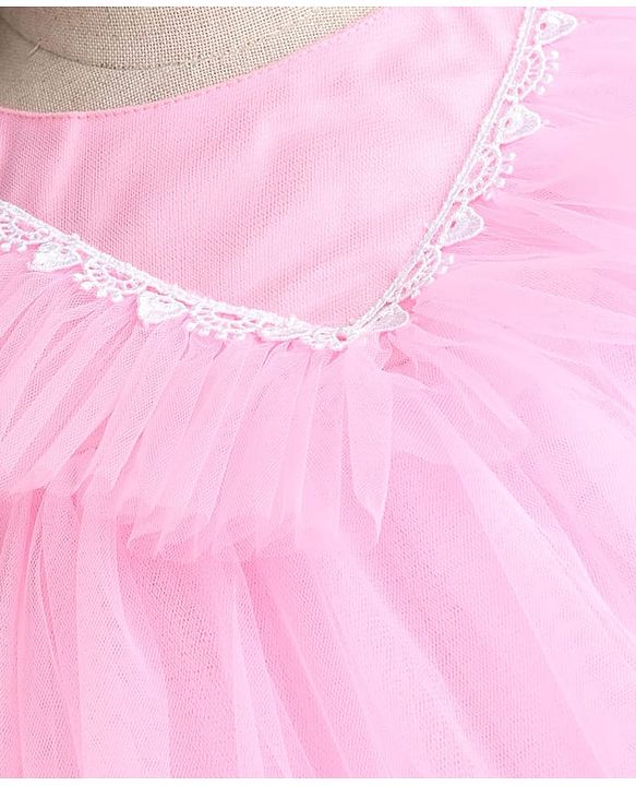 Babyhug Mesh Woven Sleeveless Party Dress With Frills & Lace Detailing - Pink