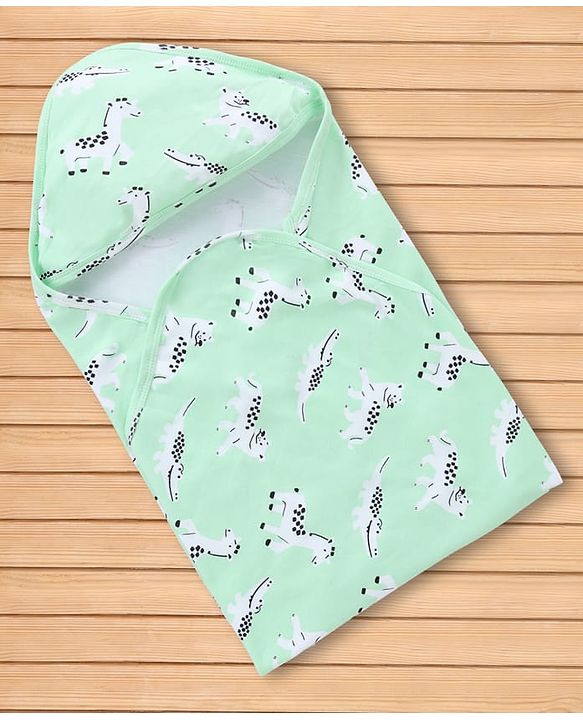 Babyhug Knit 100% Cotton Interlock Towel & Wrapper With Hood & Animal Print L 75.5 x B 69 cm - Green