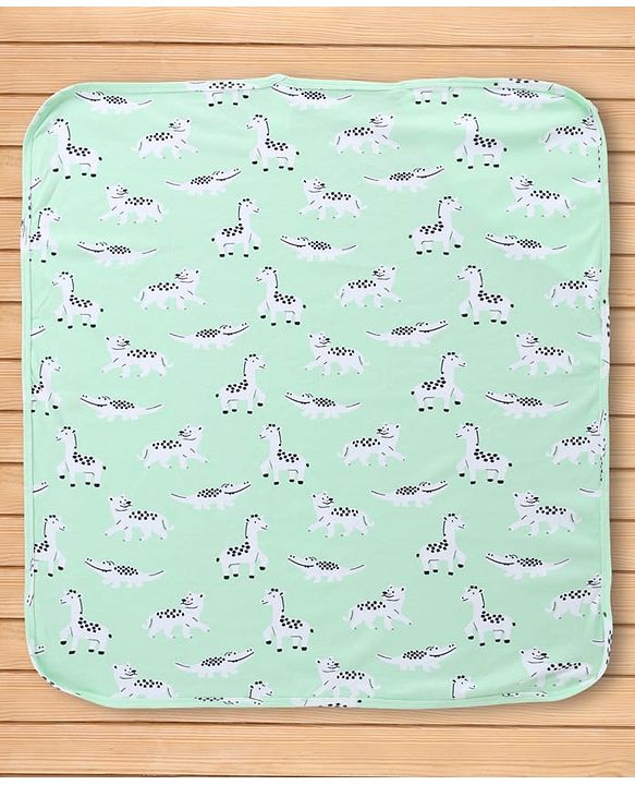 Babyhug Knit 100% Cotton Interlock Towel & Wrapper With Hood & Animal Print L 75.5 x B 69 cm - Green