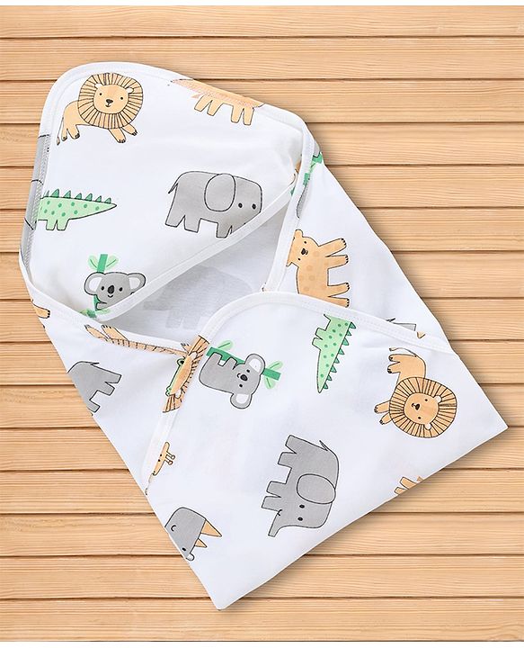 Babyhug 100% Cotton Interlock Knit Hooded Towel & Wrapper with Lion Elephant Koala Crocodile Print L 75 x B 68.5 cm - White