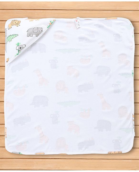 Babyhug 100% Cotton Interlock Knit Hooded Towel & Wrapper with Lion Elephant Koala Crocodile Print L 75 x B 68.5 cm - White