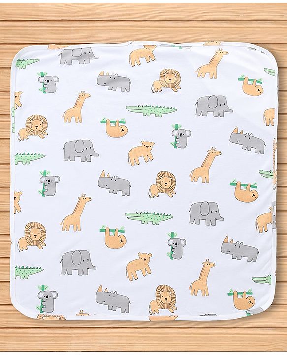Babyhug 100% Cotton Interlock Knit Hooded Towel & Wrapper with Lion Elephant Koala Crocodile Print L 75 x B 68.5 cm - White