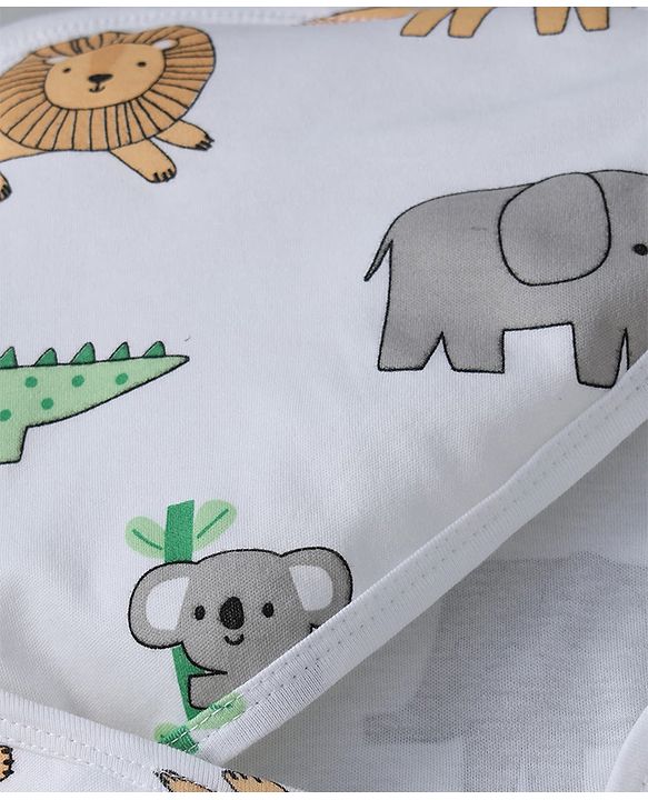 Babyhug 100% Cotton Interlock Knit Hooded Towel & Wrapper with Lion Elephant Koala Crocodile Print L 75 x B 68.5 cm - White