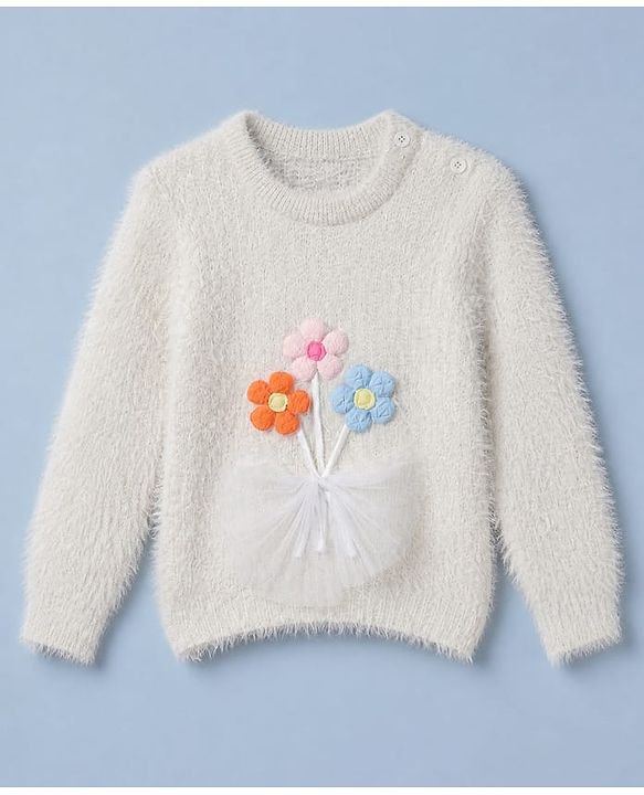 Babyhug Knit Pullover with Full Sleeves and Flower Applique - White