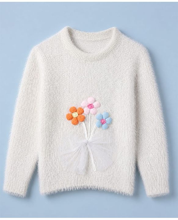 Babyhug Knit Pullover with Full Sleeves and Flower Applique - White
