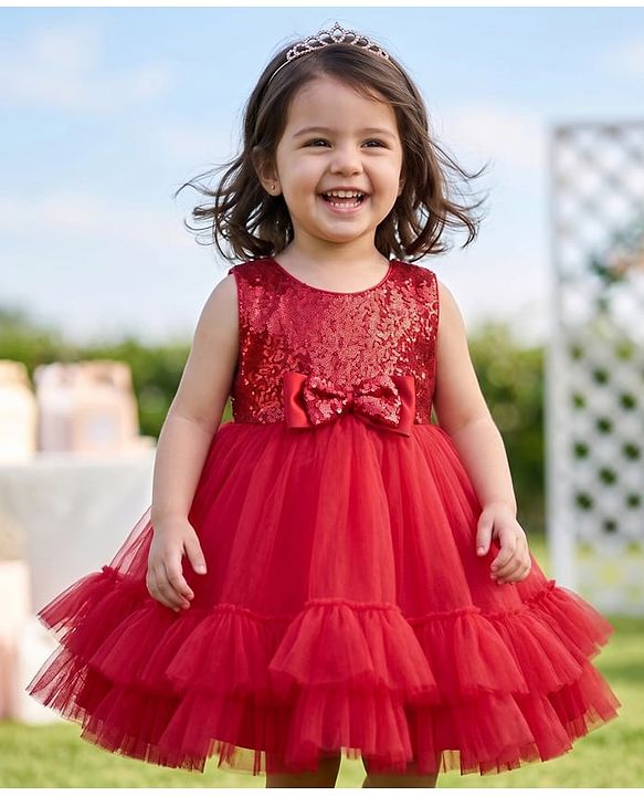 Babyhug Mesh Woven Sleeveless Sequinned Layered Party Dress With Bow Applique & Frills - Maroon