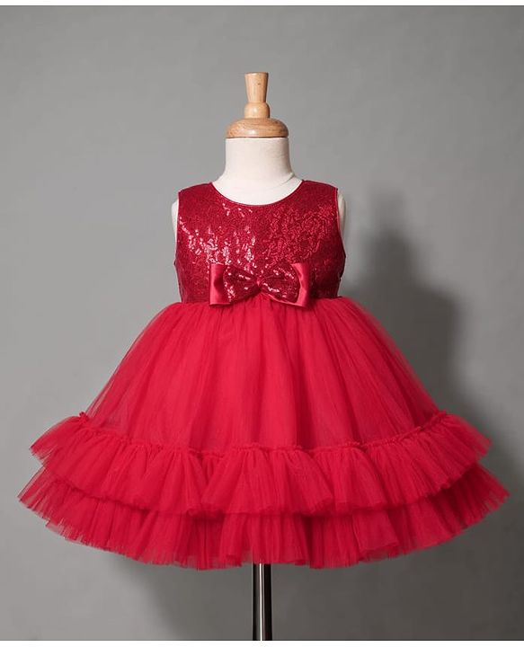 Babyhug Mesh Woven Sleeveless Sequinned Layered Party Dress With Bow Applique & Frills - Maroon