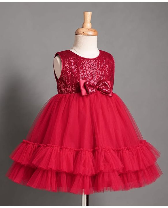 Babyhug Mesh Woven Sleeveless Sequinned Layered Party Dress With Bow Applique & Frills - Maroon