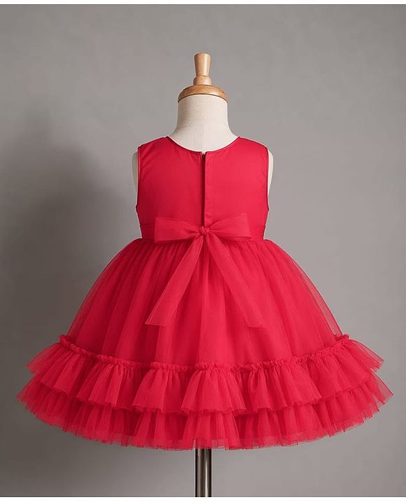 Babyhug Mesh Woven Sleeveless Sequinned Layered Party Dress With Bow Applique & Frills - Maroon