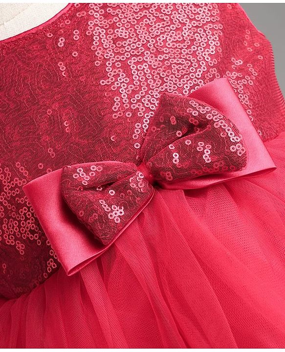 Babyhug Mesh Woven Sleeveless Sequinned Layered Party Dress With Bow Applique & Frills - Maroon