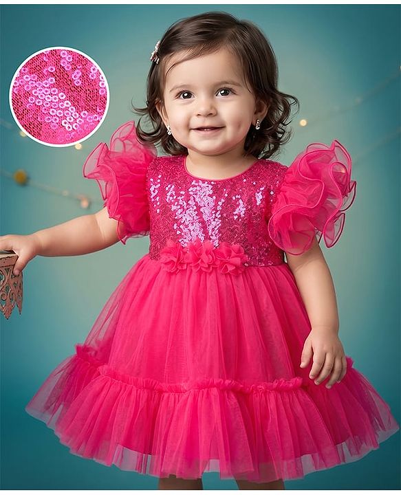 Babyhug Mesh Woven Frill Sleeves Solid Colour Sequinned Party Dress with Floral Applique -Fuchsia